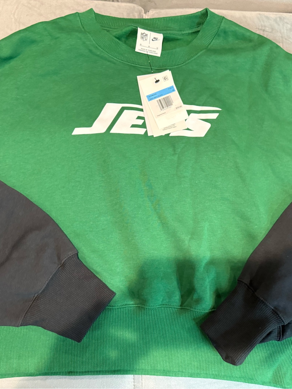 Nike NFL Jets Green and Black Colorblock Crew Sweatshirt with White Logo
